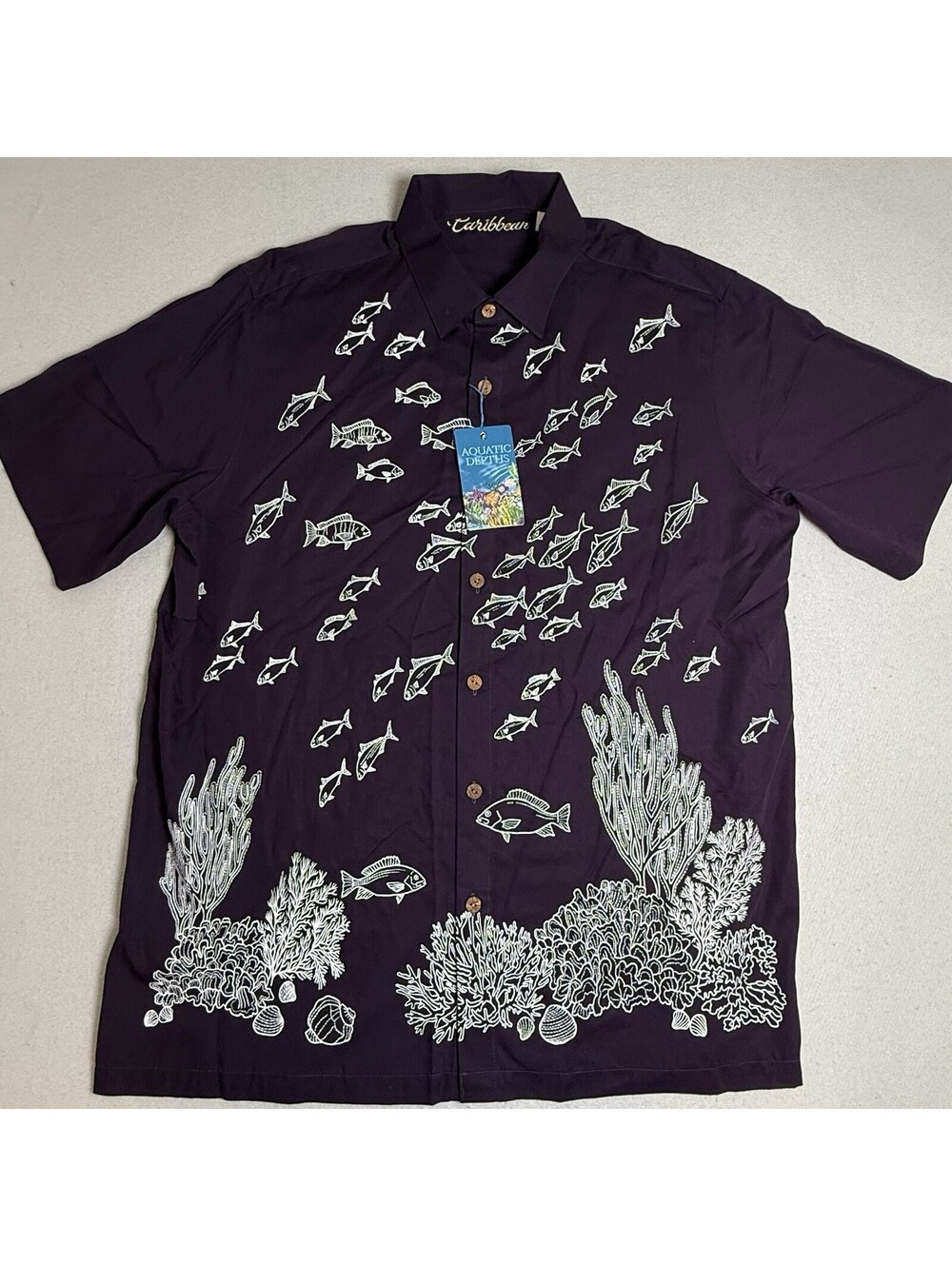 Caribbean Aquatic Depths Mens XL Purple Embroidered Fish Coral Shirt Resortwear